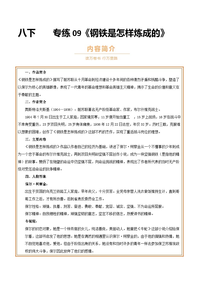中考语文一轮复习名著导读练习专题09 八下《钢铁是怎样炼成的》（原卷版）第1页