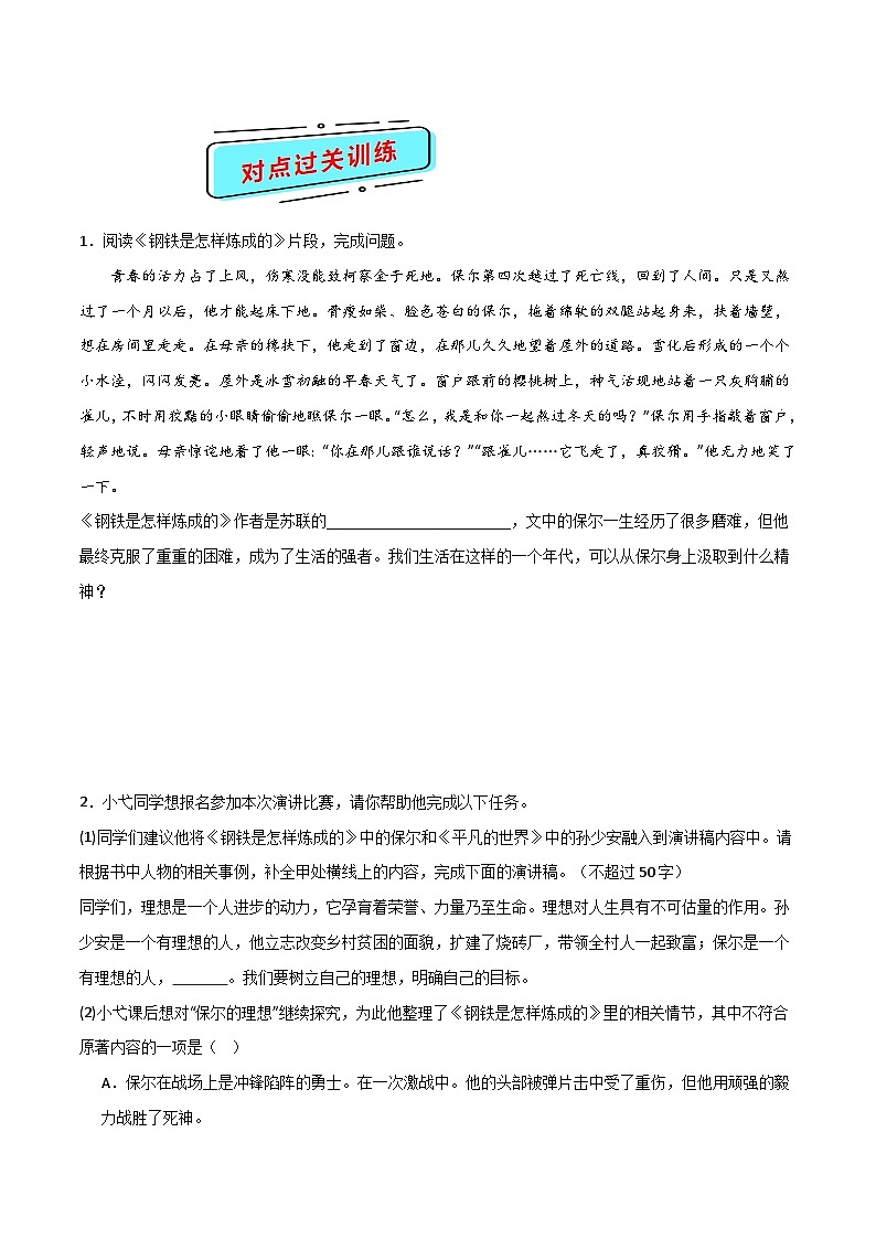 中考语文一轮复习名著导读练习专题09 八下《钢铁是怎样炼成的》（原卷版）第3页