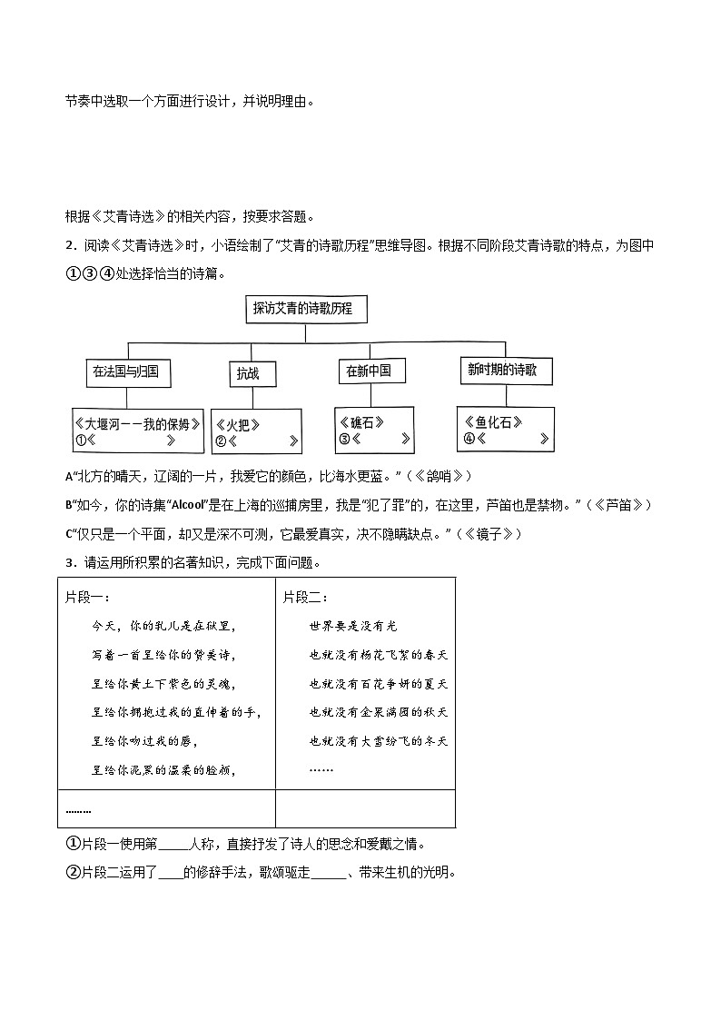 中考语文一轮复习名著导读练习专题10 九上《艾青诗选》（原卷版）第3页
