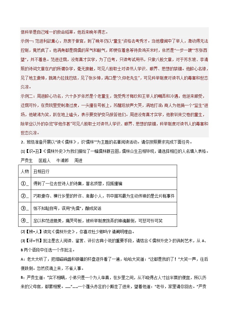 中考语文一轮复习名著导读练习专题12 九下《儒林外史》（解析版）第3页