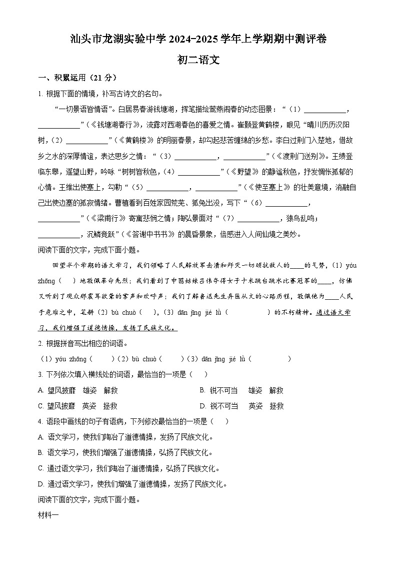 广东省汕头市龙湖区汕头市龙湖实验中学2024-2025学年八年级上学期期中语文试题（原卷版）-A4第1页