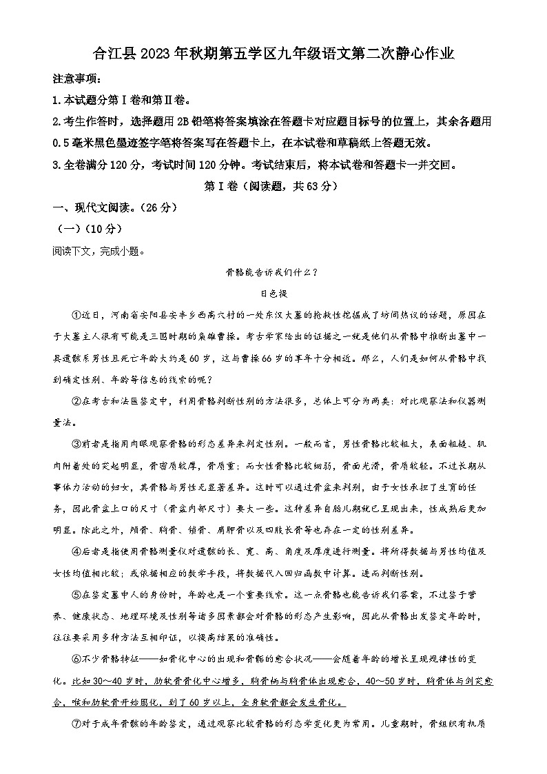 四川省泸州市合江县第五片区2023-2024学年九年级上学期第二次月考语文试题（解析版）-A4第1页