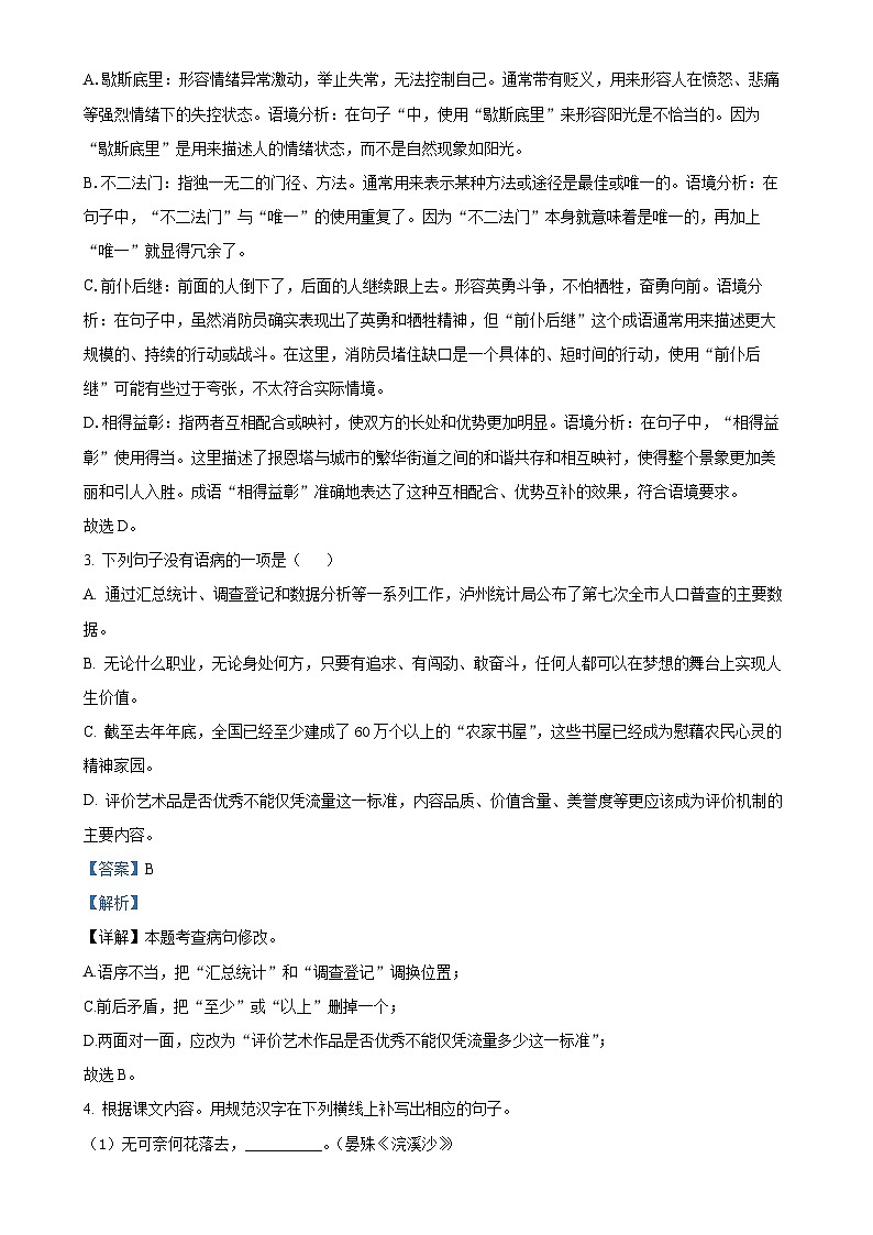 四川省泸州市龙马潭区校联考2023-2024学年九年级上学期12月月考语文试题（解析版）-A4第2页