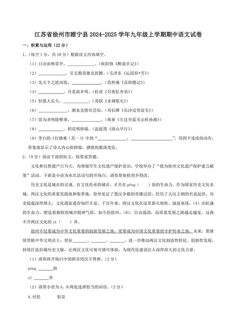 2024～2025学年江苏省徐州市睢宁县九年级(上)期中语文试卷(含答案)第1页