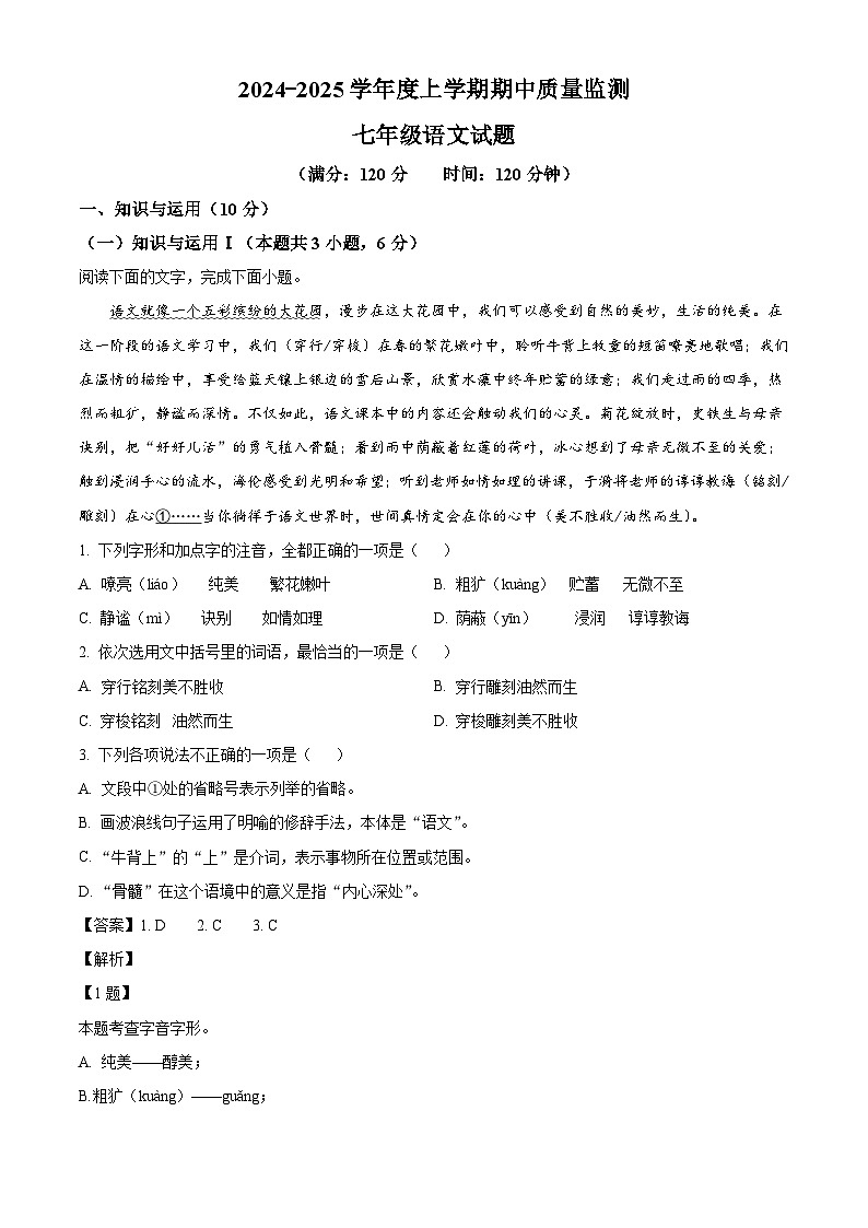 山东省日照市岚山区2024-2025学年七年级上学期期中语文试题（解析版）第1页