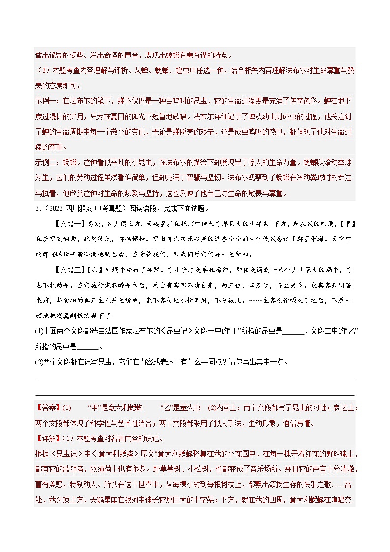 整本书阅读：《昆虫记》强化训练-2024-2025学年初中语文必考名著整本书阅读精讲精练（全国通用）（解析版）第3页