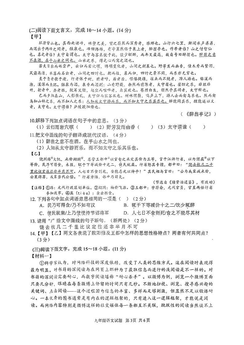 山东省枣庄市市中区2024-2025学年九年级上学期11月期中考试语文试题第3页
