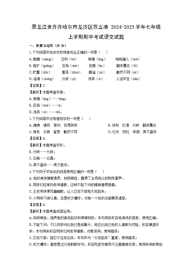 黑龙江省齐齐哈尔市龙沙区等五地2024-2025学年七年级上学期期中考试语文试卷（解析版）第1页