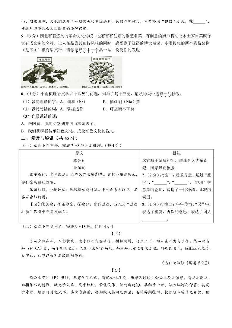 湖北省咸宁市2024～2025学年九年级(上)期中语文试卷(含答案)第2页