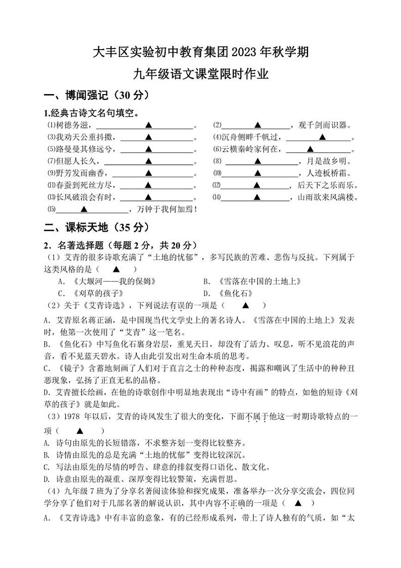 江苏省盐城市大丰区实验初级中学教育集团2023～2024学年九年级(上)12月月考语文试卷(含答案)第1页
