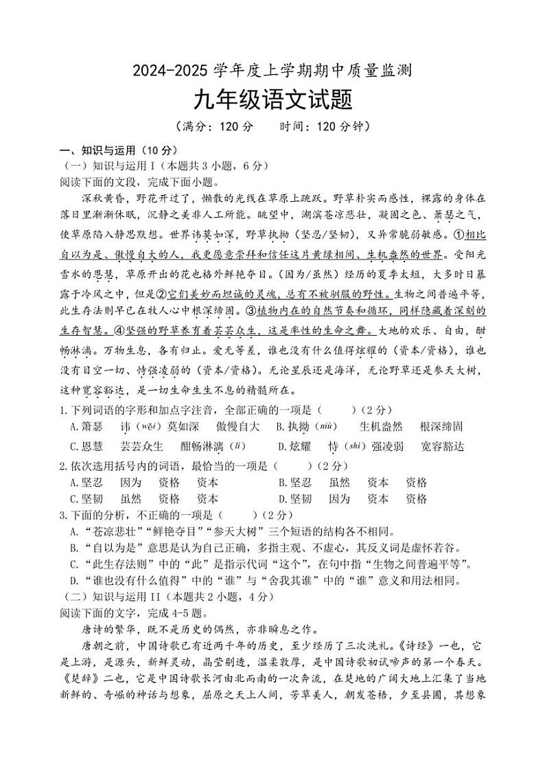 山东省日照市岚山区2024～2025学年九年级(上)期中语文试卷(含答案)第1页