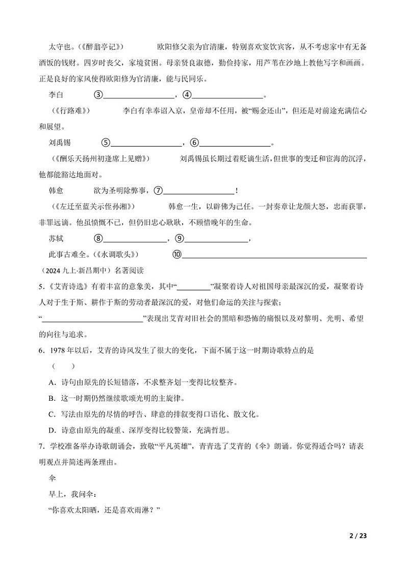 2024～2025学年浙江省绍兴市新昌县农村初中五校九年级(上)语文期中联考试卷第2页