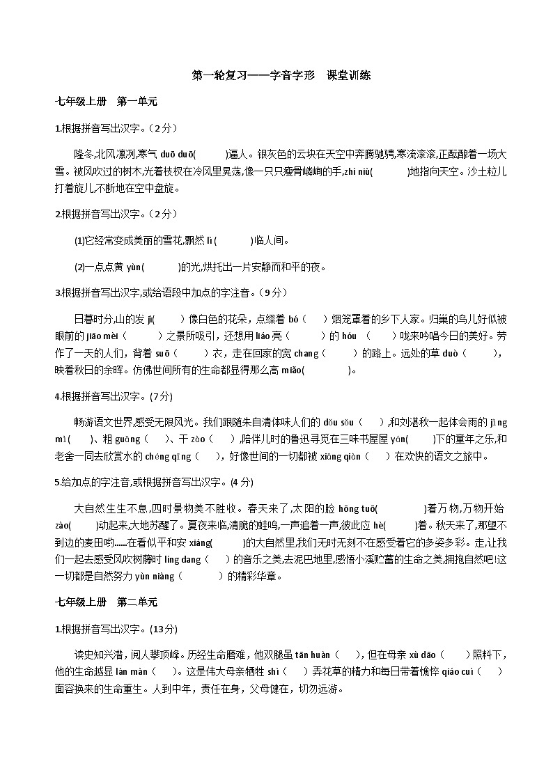 中考语文 一轮复习字音字形 课堂训练第1页