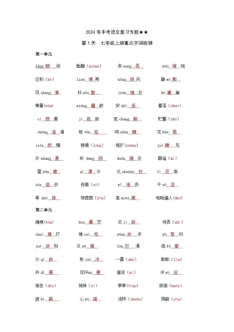 中考语文复习专题七八九年级语文字音字形梳理学案（16页）第1页