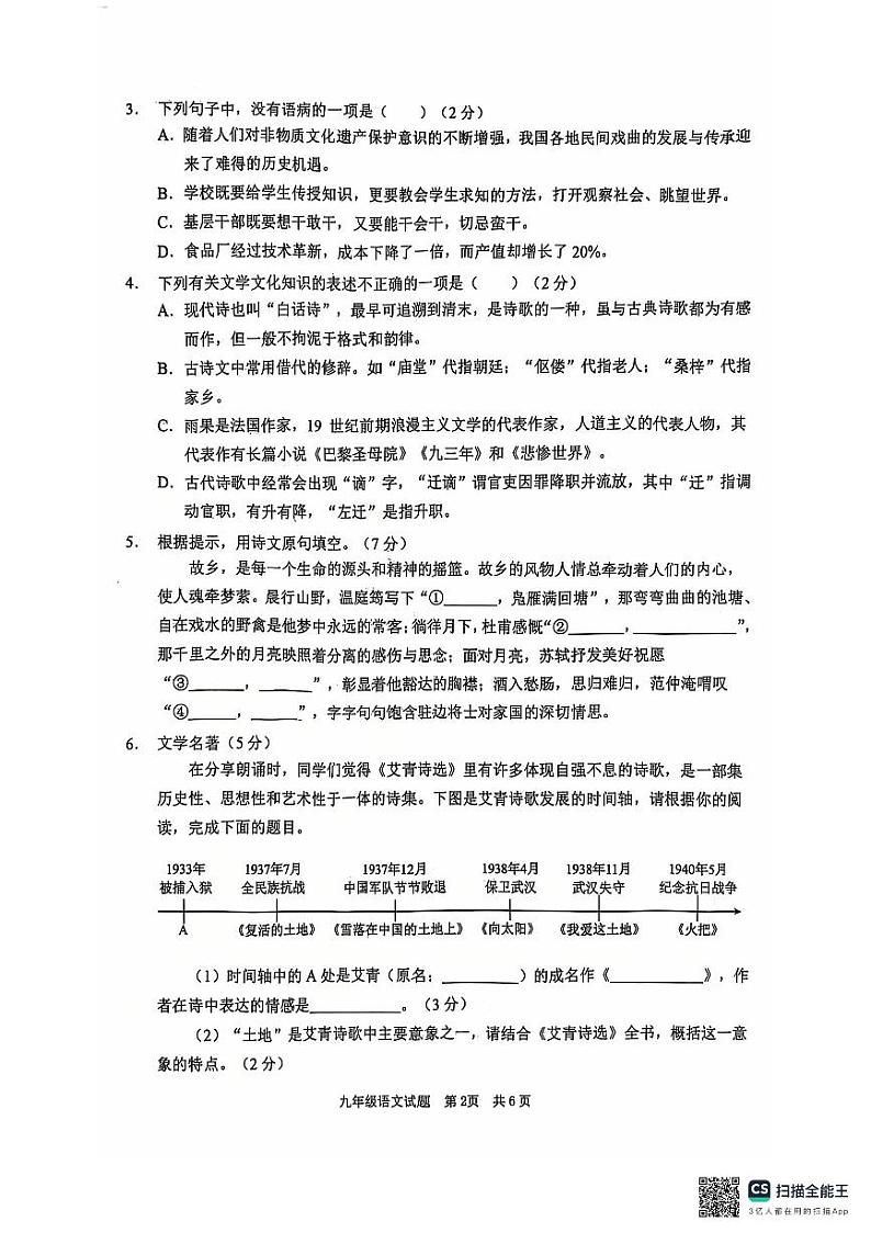 山东省枣庄市峄城区2024-2025学年九年级上学期11月期中语文试题第2页