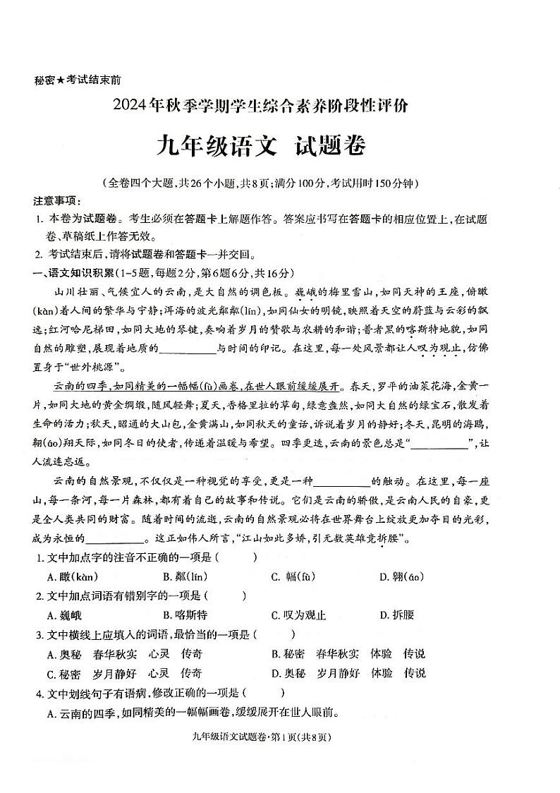 云南省昭通市2024-2025学年九年级上学期11月期中语文试题第1页