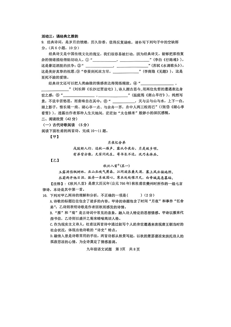山东省日照市岚山区2024-2025学年九年级上学期11月期中语文试题第3页
