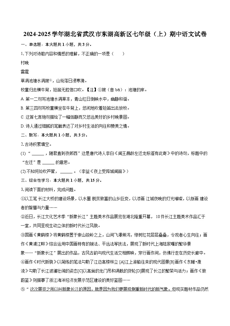 2024-2025学年湖北省武汉市东湖高新区七年级（上）期中语文试卷（含详细答案解析）第1页