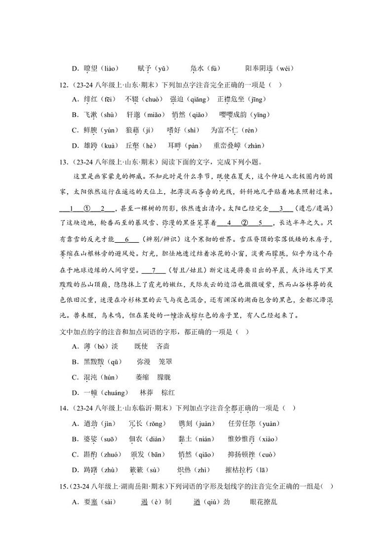 2024～2025学年统编版八年级上册语文期末真题专练：字音、字形、字义（含答案解析）第3页