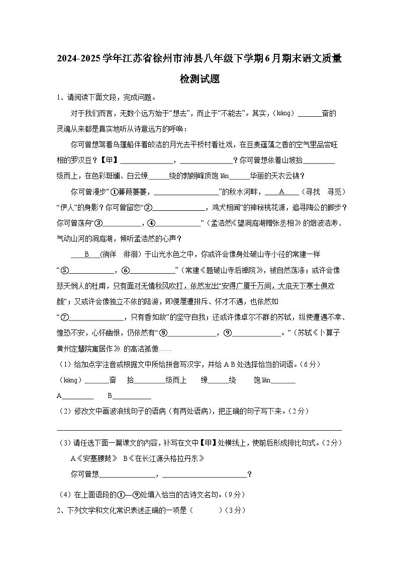 2024-2025学年江苏省徐州市沛县八年级下学期6月期末语文质量检测试题（含答案）第1页