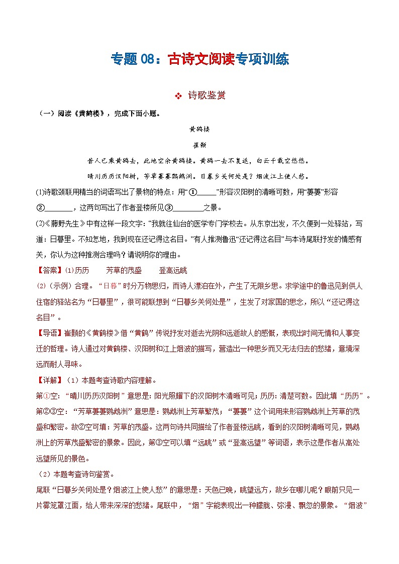 专题08古诗文阅读复习（解析版）第1页