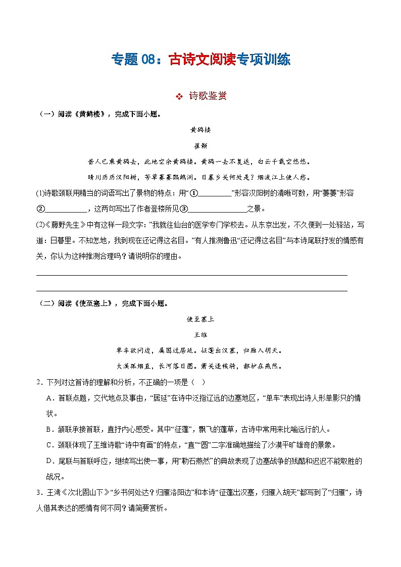 专题08古诗文阅读复习（原卷版）第1页
