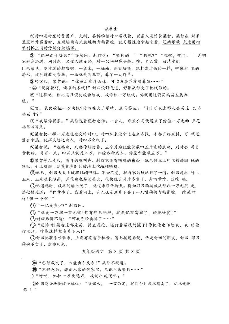 2024～2025学年河南省实验中学九年级上学年学情调研2月考语文试卷(无答案)第3页