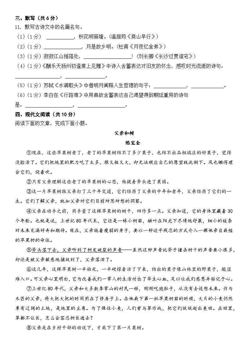 雅安中学2024—2025学年上期半期教学质量评估九年级语文试题第3页