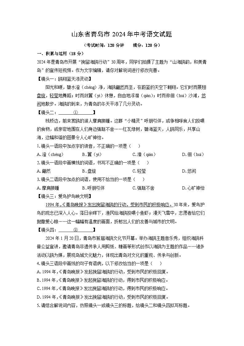 2024年山东省青岛市中考真题语文试卷第1页