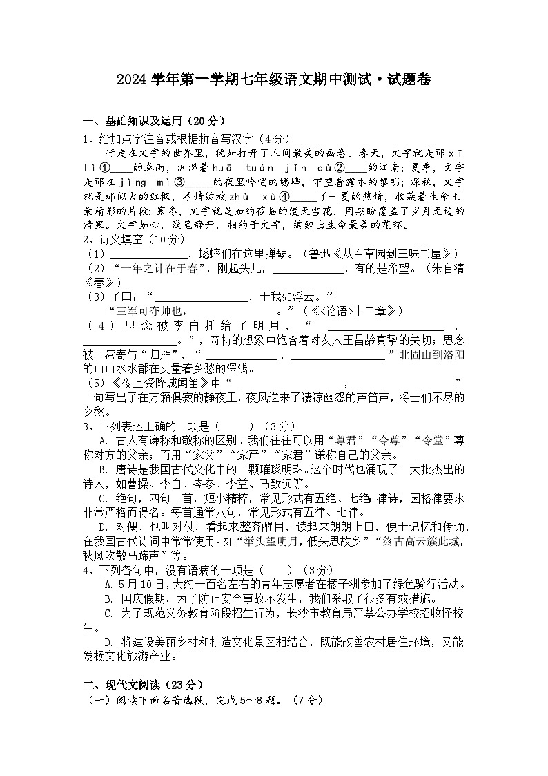 浙江省绍兴市诸暨市2024-2025学年七年级上学期期中语文试卷第1页