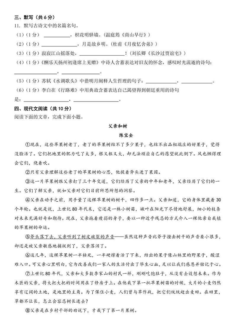 2024～2025学年四川省雅安中学九年级(上)期中教学质量评估语文试卷(含答案)第3页
