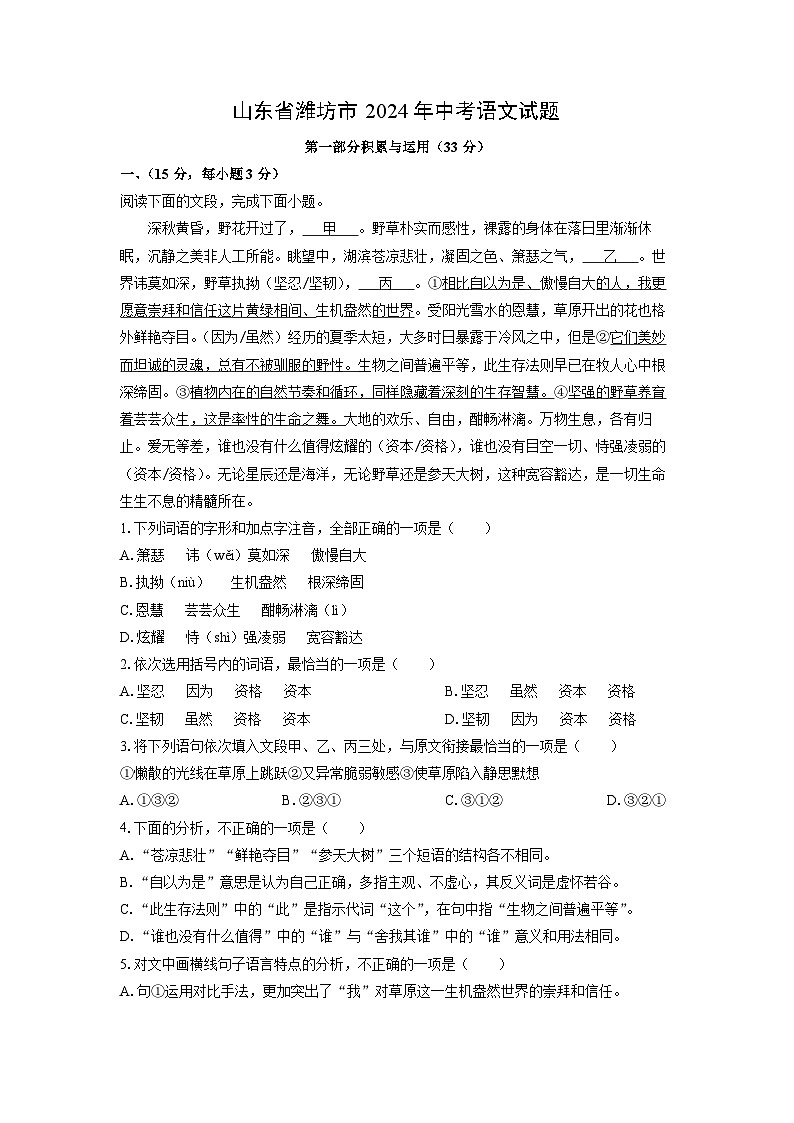 2024年山东省潍坊市中考真题语文试卷(解析版)第1页