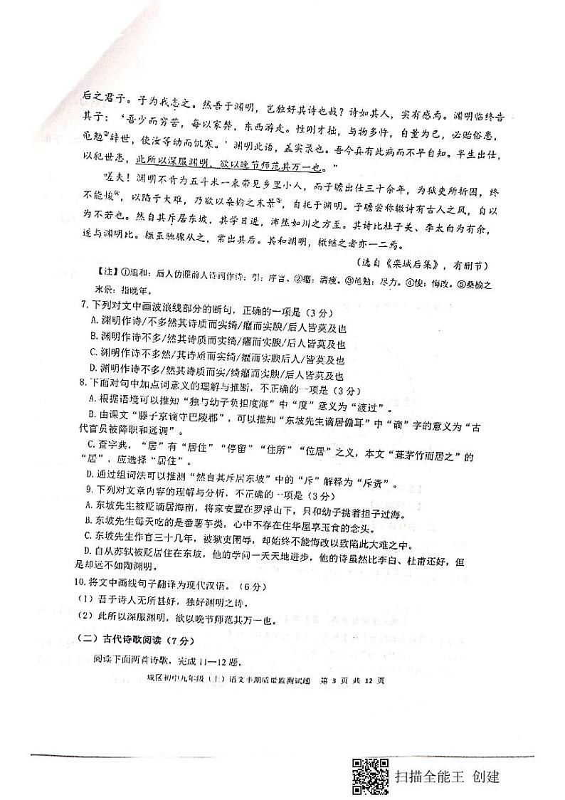 四川省仁寿县城区初中学校2024-2025学年九年级上学期期中考试语文试题第3页