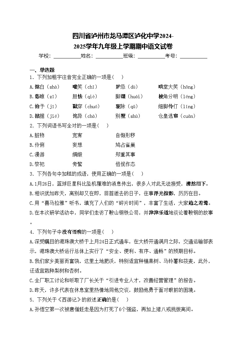 四川省泸州市龙马潭区泸化中学2024-2025学年九年级上学期期中语文试卷(含答案)第1页