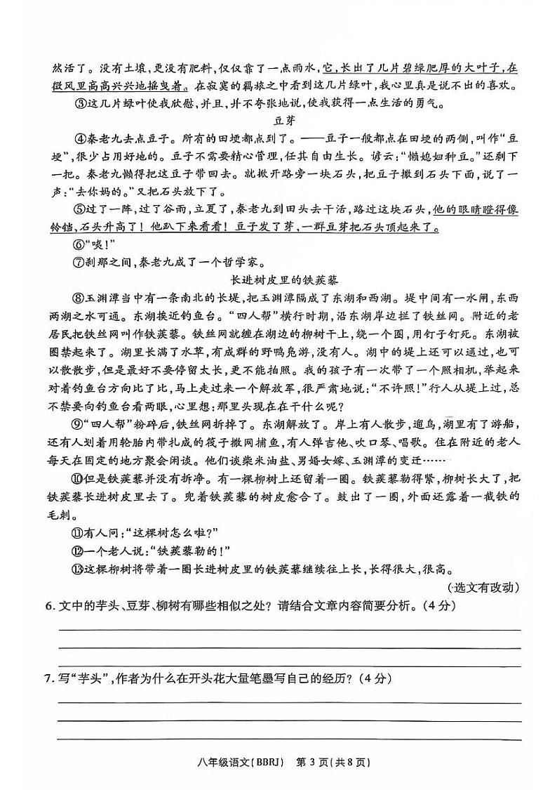 河南省驻马店市正阳县兰青乡中心学校等校联考2024-2025学年八年级上学期12月月考语文试题第3页
