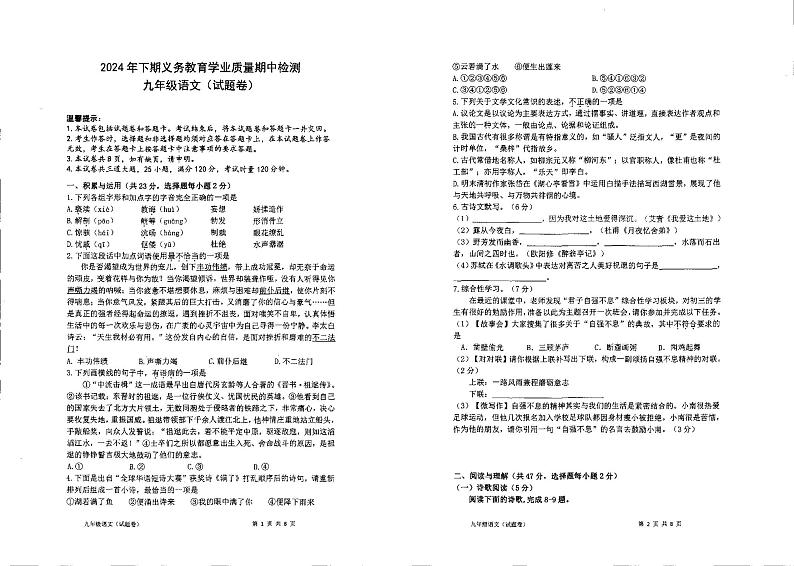 湖南省永州市冷水滩区德雅学校2024-2025学年九年级上学期11月期中考试语文试题第1页