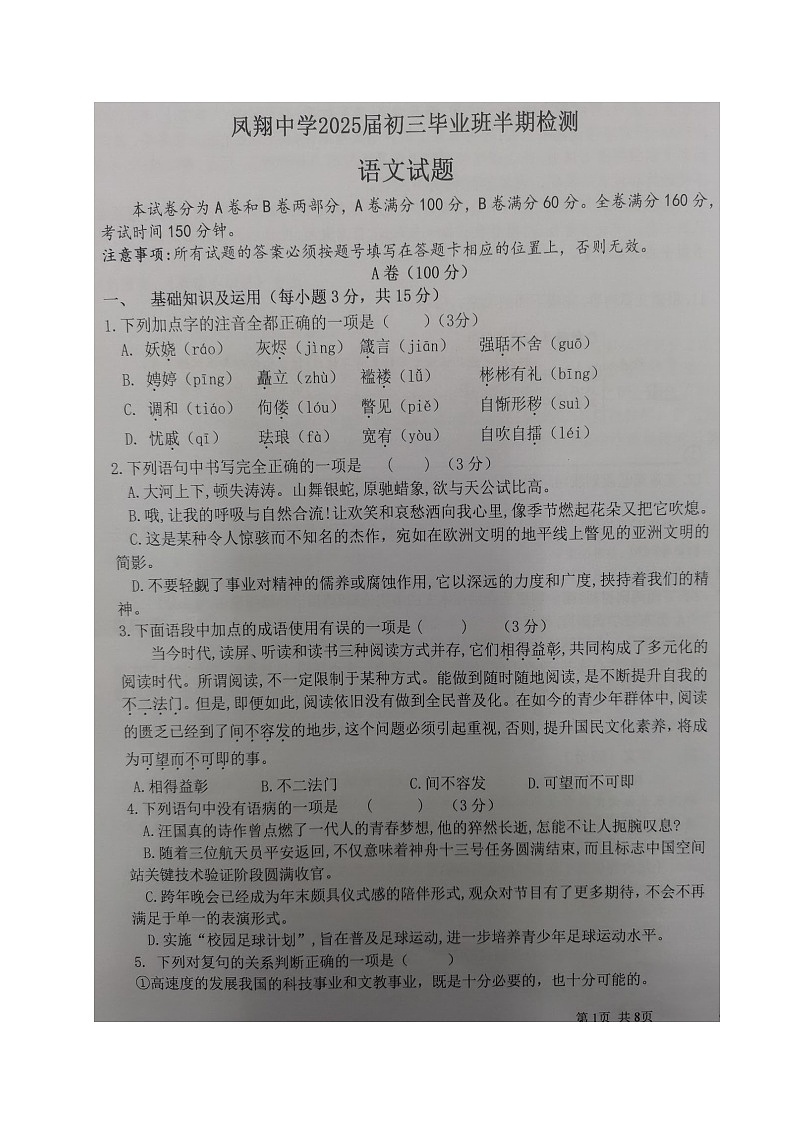 四川省内江市威远县凤翔中学2024-2025学年九年级上学期期中考试语文试题第1页
