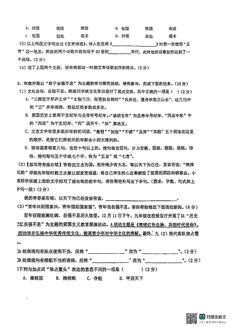 安徽省马鞍山市花园初级中学2024-2025学年九年级上学期11月期中语文试题第2页