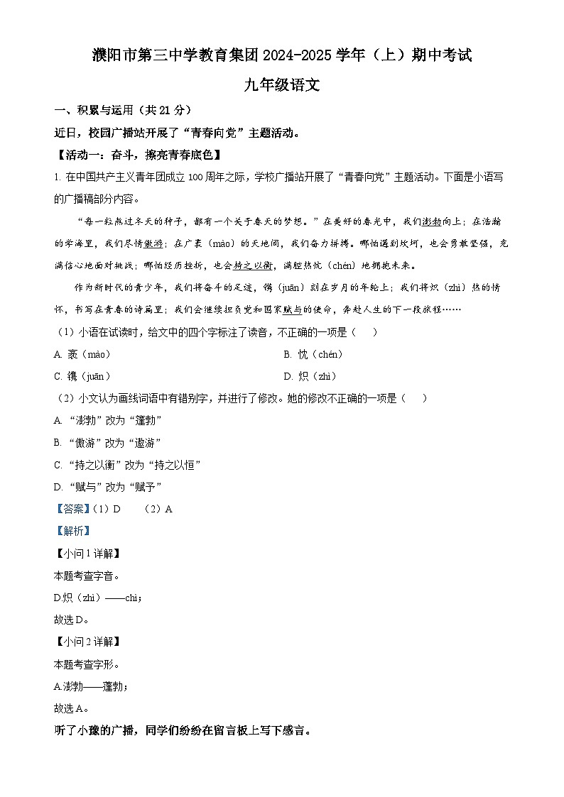河南省濮阳市第三中学教育集团2024-2025学年九年级上学期期中语文试题（解析版）-A4第1页