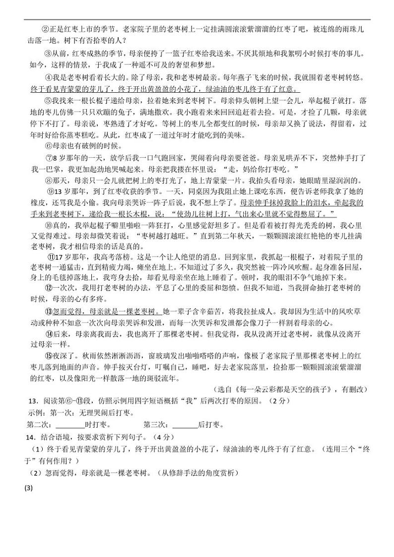 2024～2025学年江西省吉安市永丰县十一校联考(月考)七年级(上)12月月考语文试卷(无答案)第3页