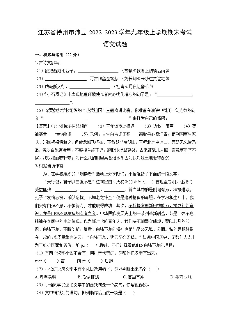 2022~2023学年江苏省徐州市沛县九年级(上)期末语文试卷(解析版)第1页