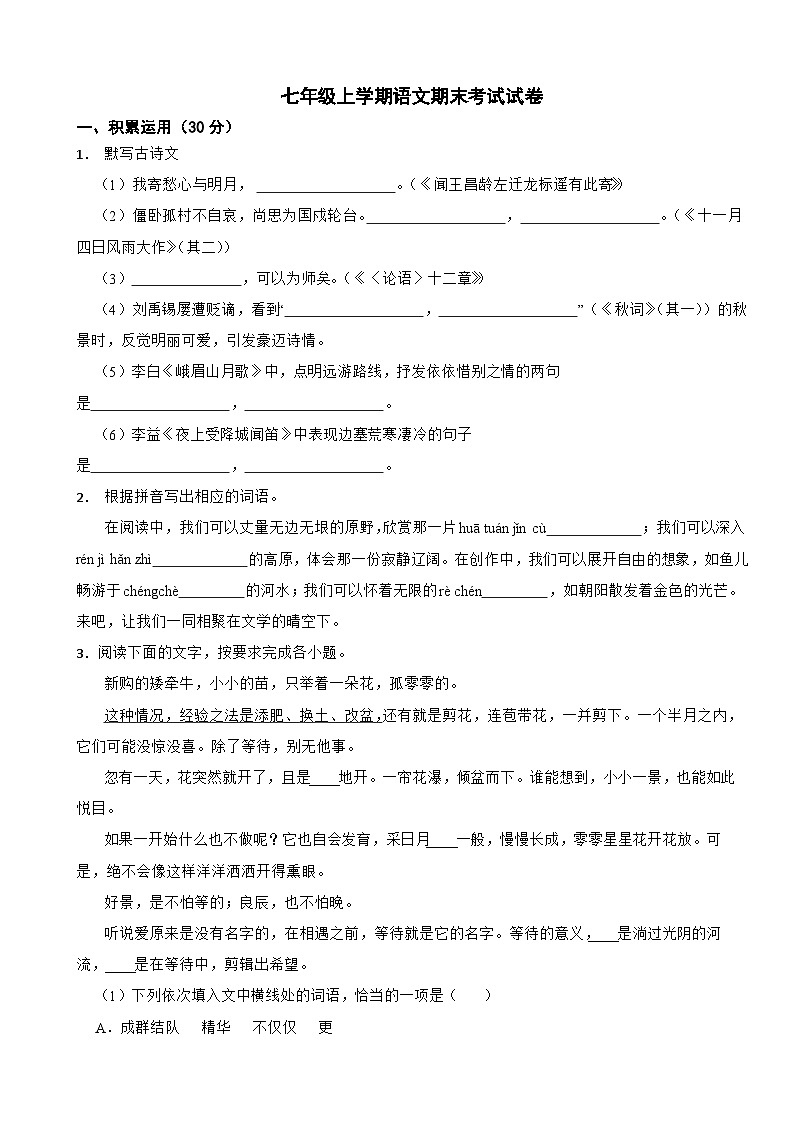 广东省湛江2024年七年级上学期语文期末考试试卷附答案第1页