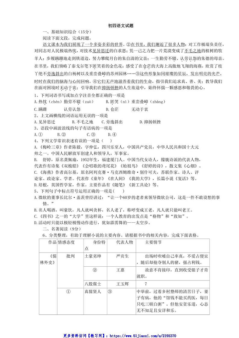 2024～2025学年山东省淄博市周村区第二中学(五四制)九年级(上)第二次月考语文试卷第1页