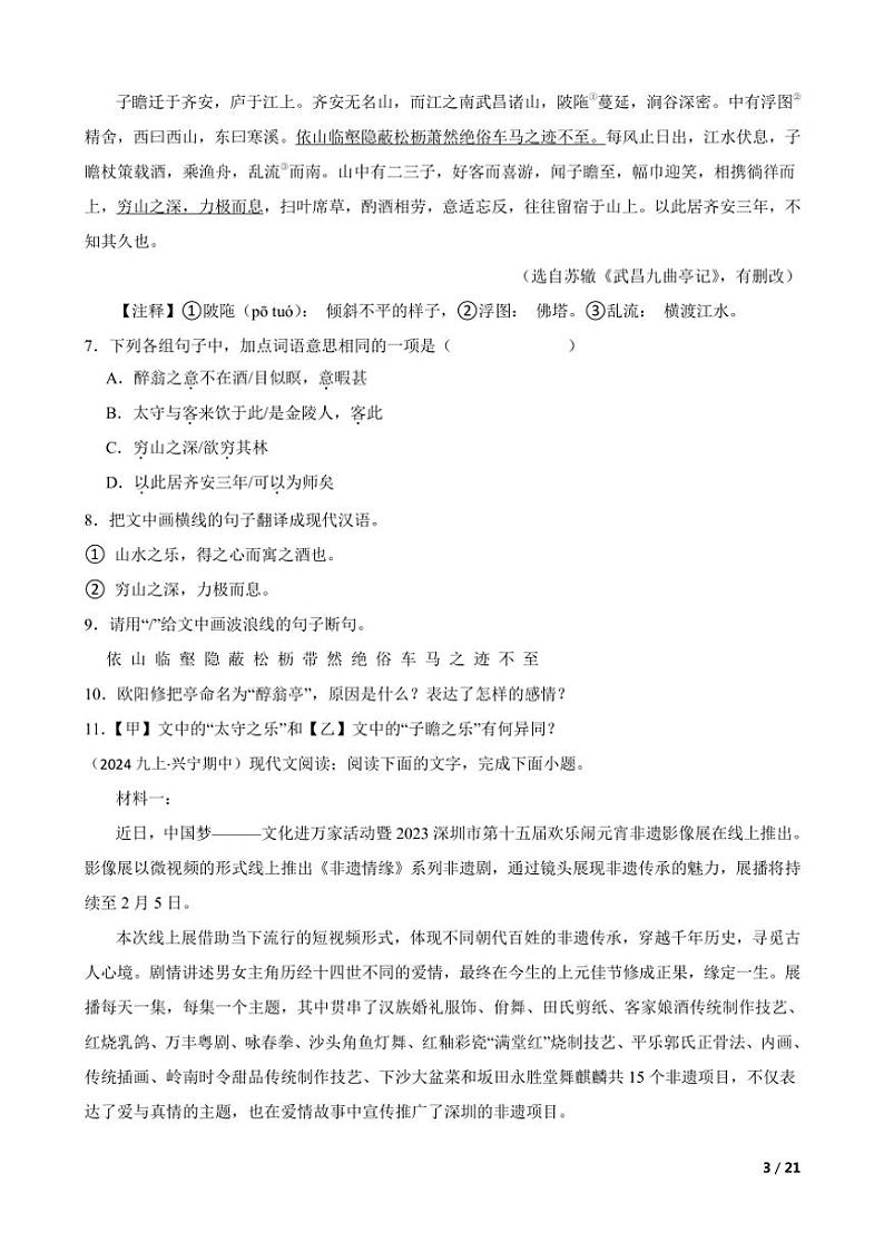2024～2025学年广东省梅州市兴宁市实验学校九年级(上)语文期中试卷第3页
