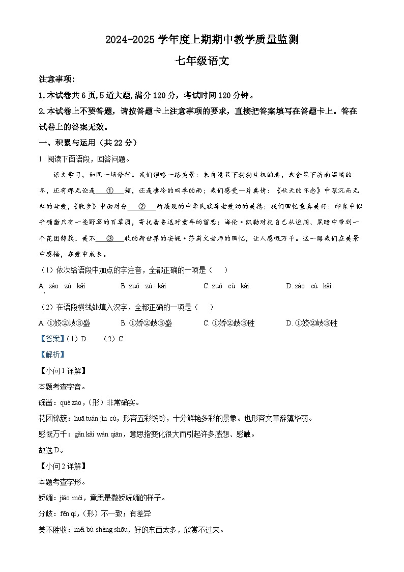 河南省信阳市新县2024-2025学年七年级上学期期中语文试题（解析版）-A4第1页