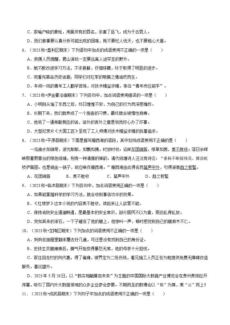2024-2025学年上学期初中语文人教部编版七年级期末必刷常考题之成语运用练习第2页