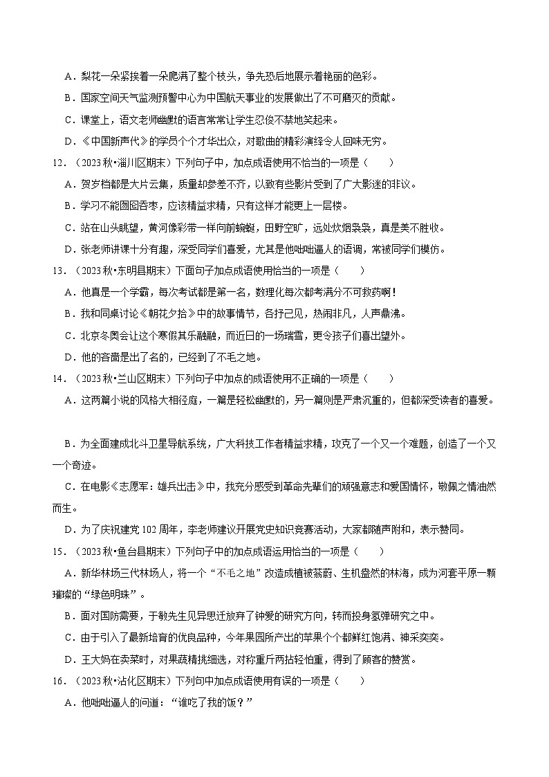 2024-2025学年上学期初中语文人教部编版七年级期末必刷常考题之成语运用练习第3页