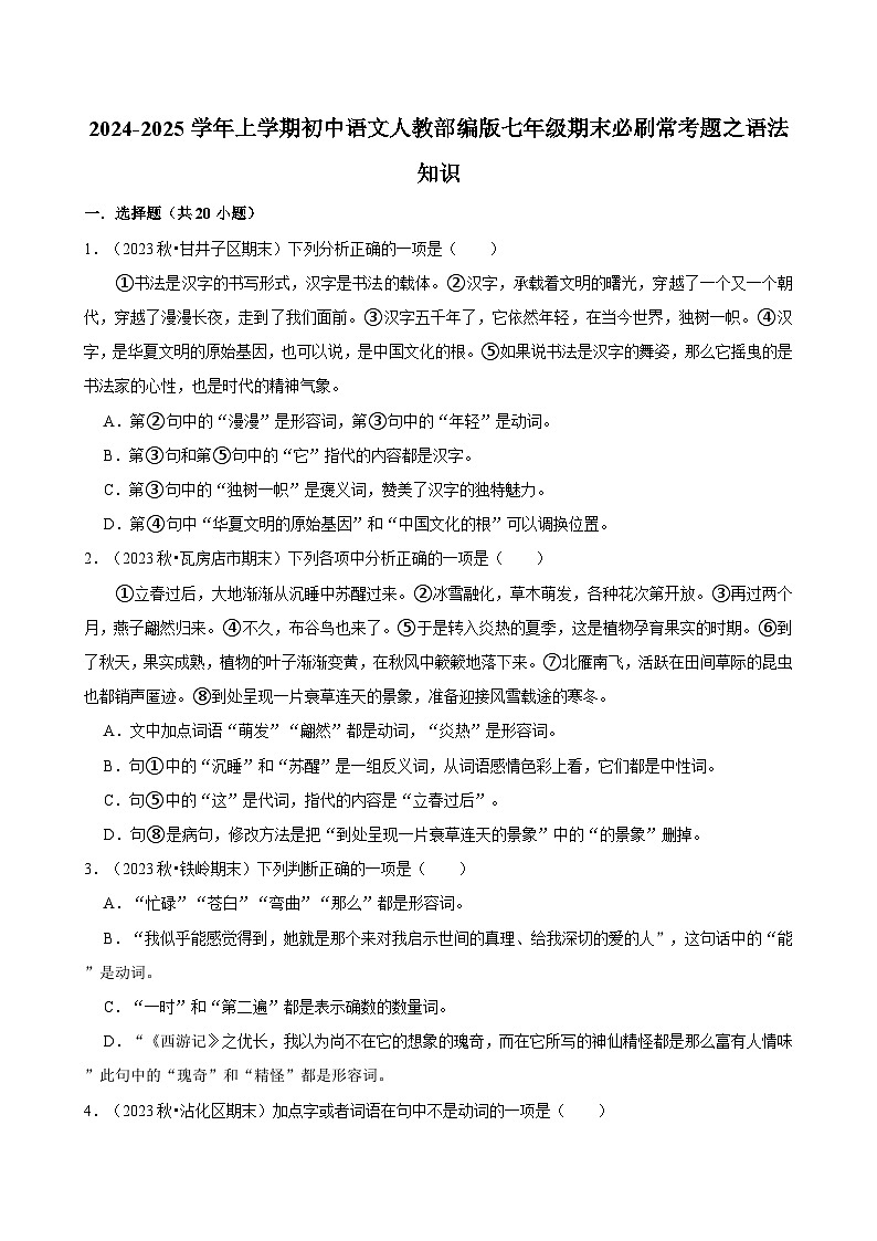 2024-2025学年上学期初中语文人教部编版七年级期末必刷常考题之语法知识练习第1页