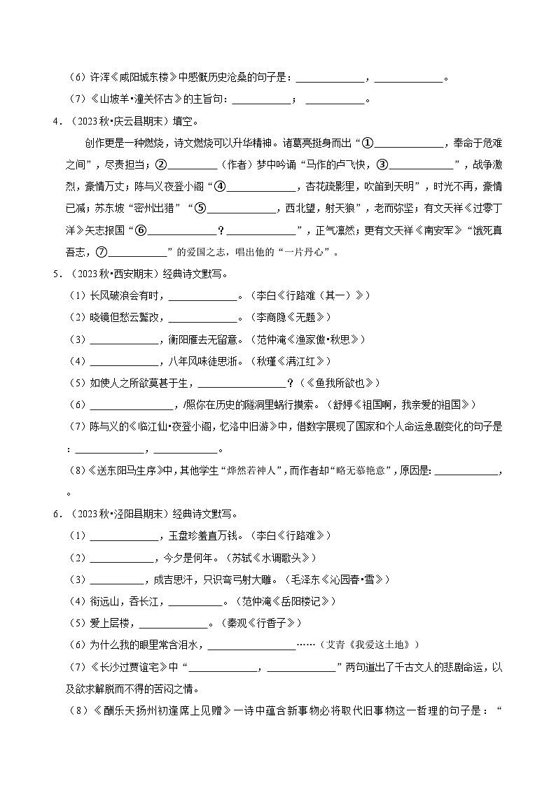 2024-2025学年上学期初中语文人教部编版九年级期末必刷常考题之名篇名句默写练习第2页