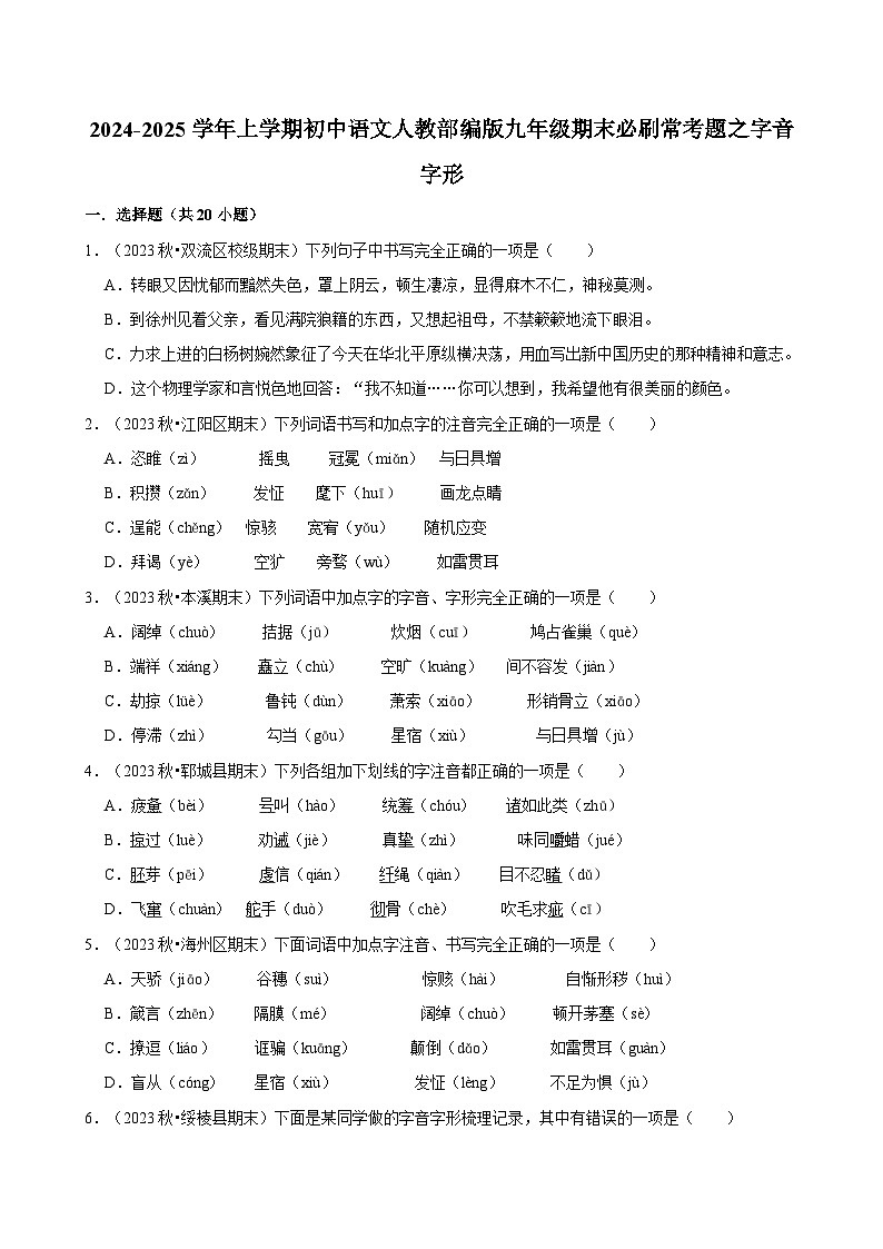 2024-2025学年上学期初中语文人教部编版九年级期末必刷常考题之字音字形练习第1页
